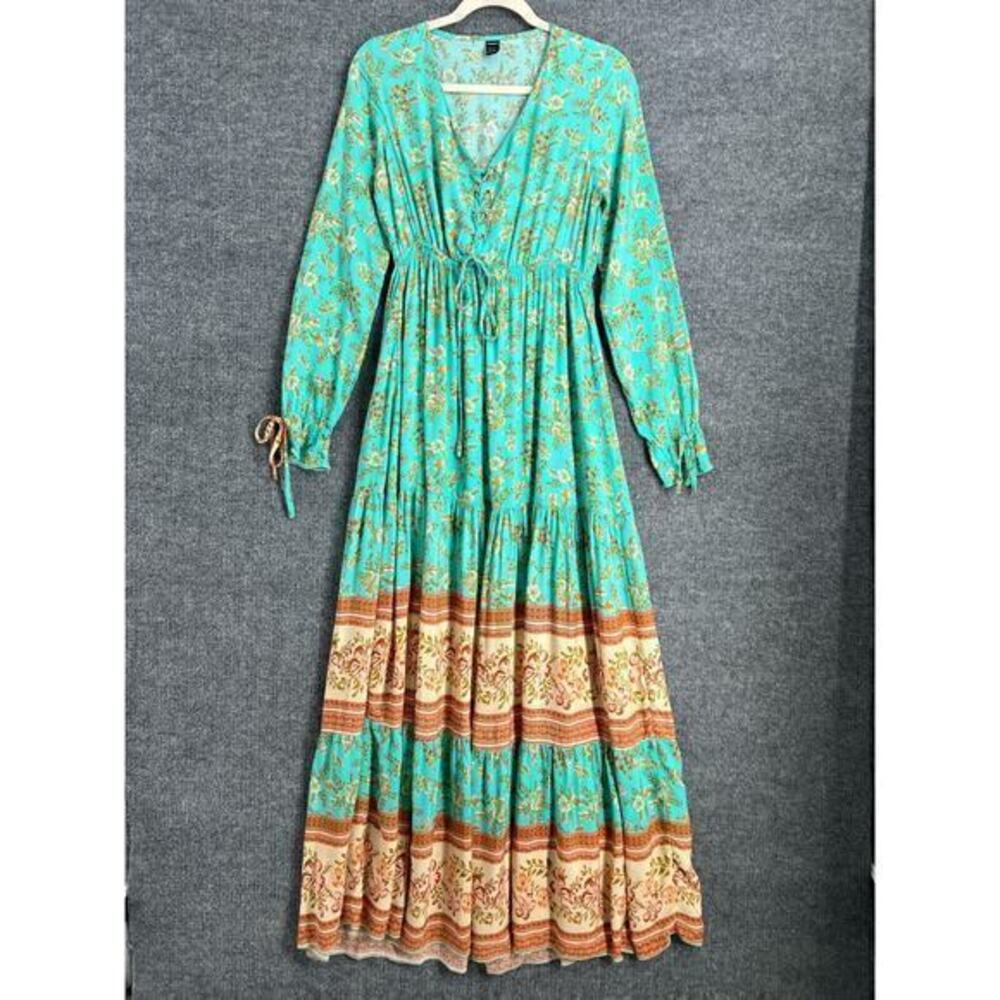 Shein Womens Maxi Dress Size S Turquoise Faux Wrap Tiered Mixed Print Boho Flowy